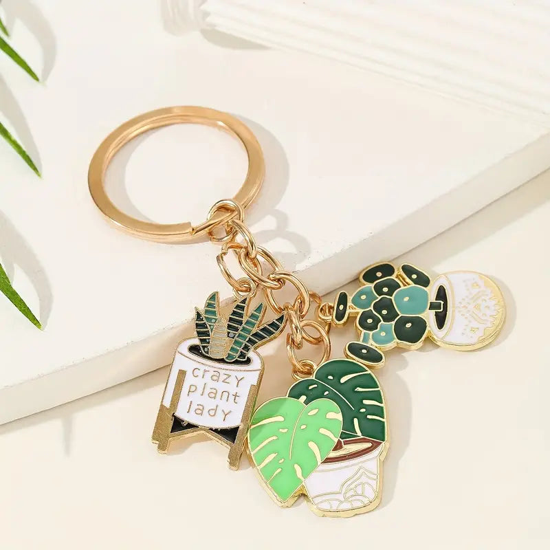 Crazy Plant Lady Keychain Metal Gold Monstera Charms Succulent